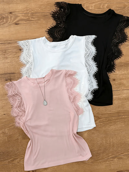 Damen Spitzentop mit Ärmeldetail – Elegantes ärmelloses Shirt für Alltag & besondere Anlässe