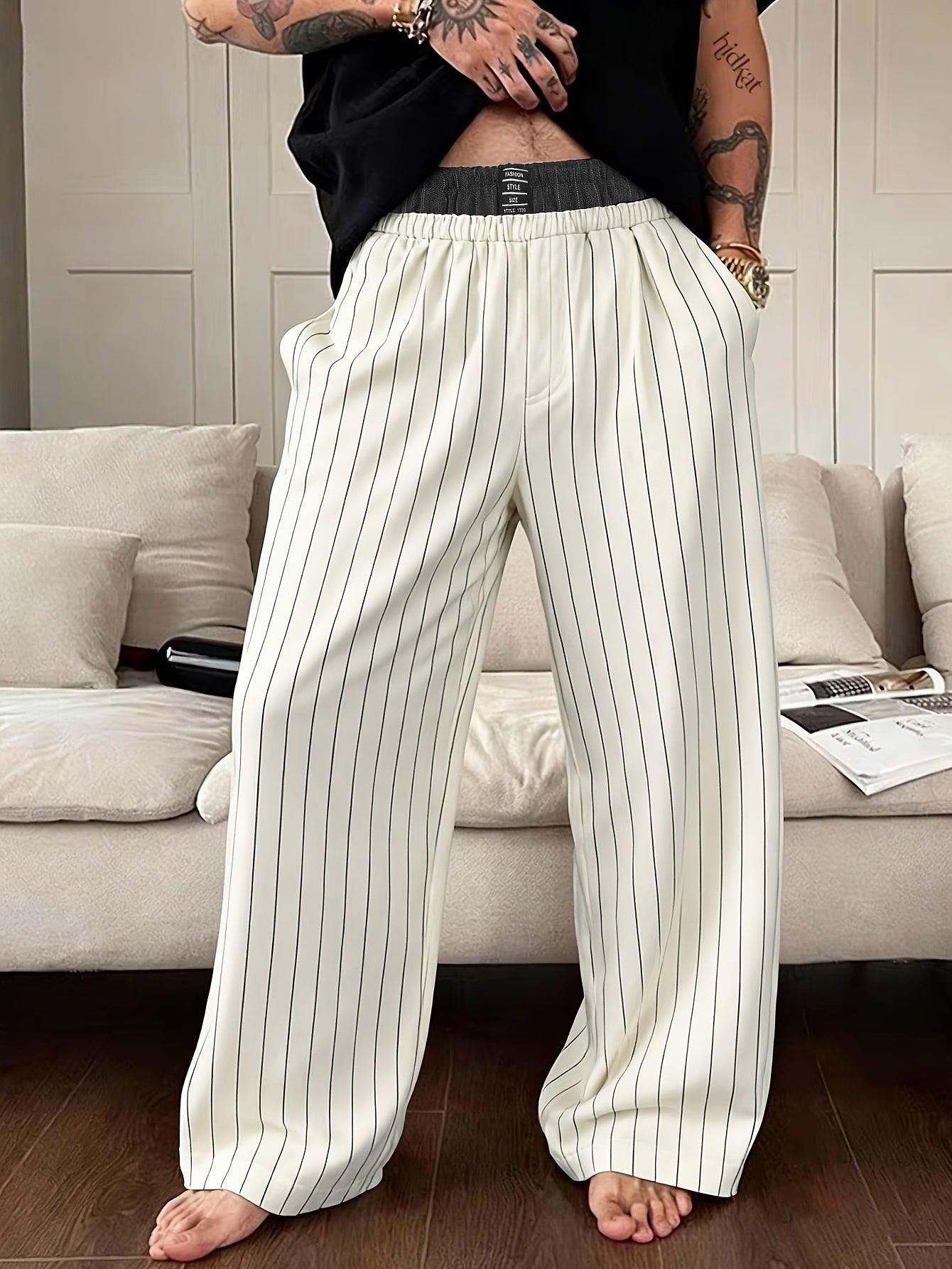Herren Weite Lounge-Hose mit Nadelstreifen und Elastikbund – Moderner Relaxed Fit für Freizeit und Home Office