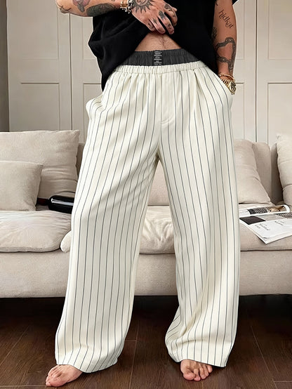 Herren Weite Lounge-Hose mit Nadelstreifen und Elastikbund – Moderner Relaxed Fit für Freizeit und Home Office