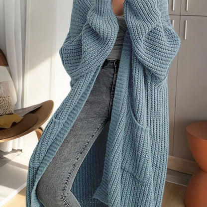 Damen Oversize Strick-Cardigan Lang Offene Front mit Taschen – Lässiger Streetstyle