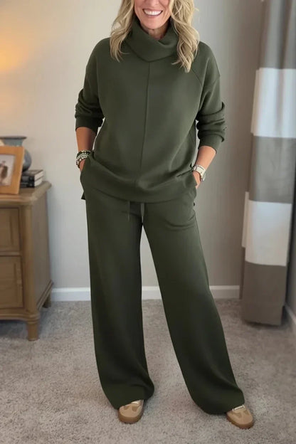 Damen Lounge Set Rollkragen Pullover & Weite Bein Hose Freizeitanzug