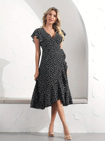 Damen Elegantes Polka-Dot Wickelkleid mit Rüschen – Stilvolles Sommerkleid für Alltag & Freizeit