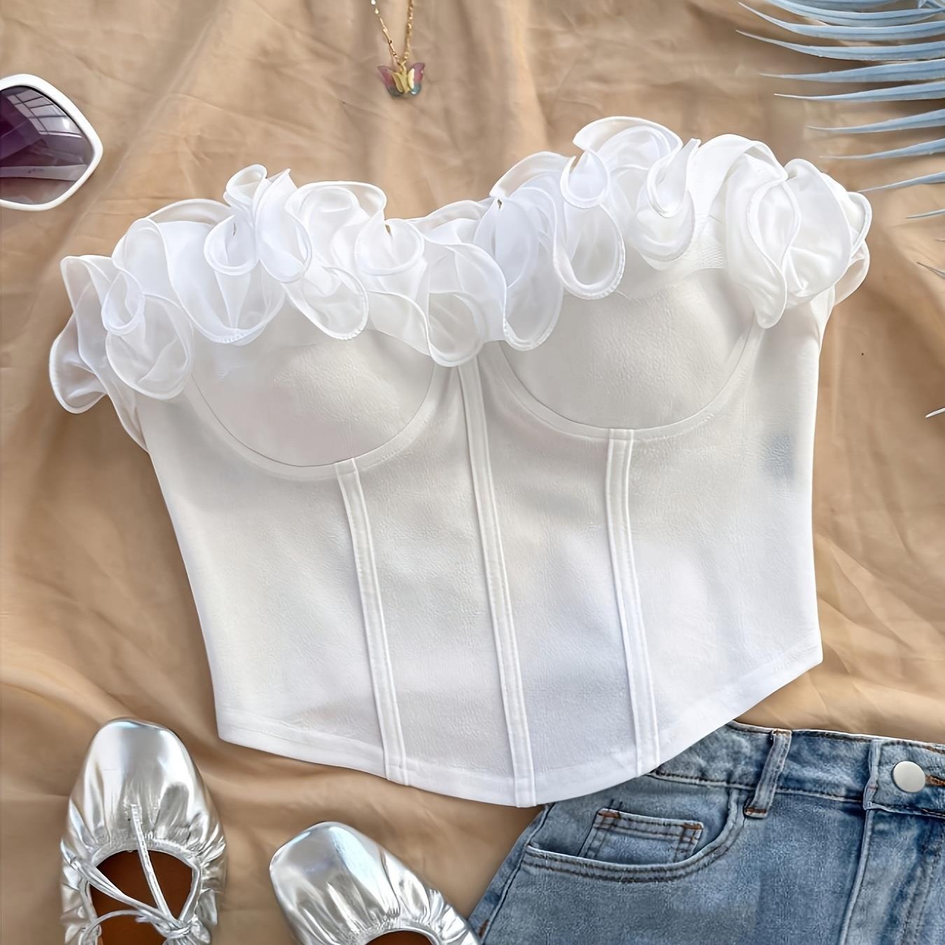 Damen Bustier Top schulterfrei mit Volant und Rüschen – Elegantes Party- und Ausgeh-Oberteil