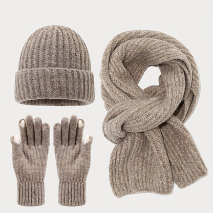 Geripptes Strickmützen-Schal-Handschuh-Set, Winter Accessoire Set in Uni-Farben