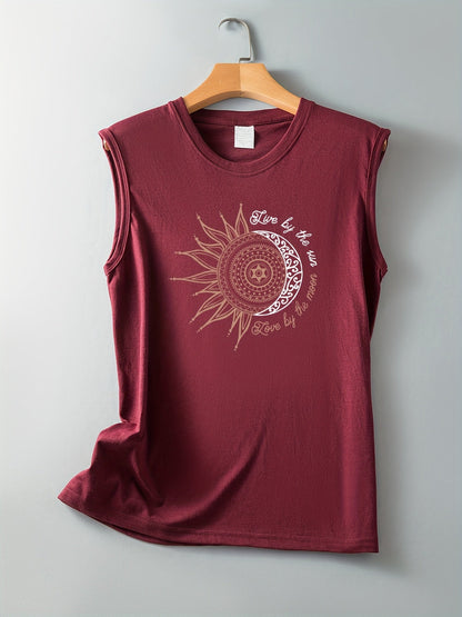Damen Tanktop mit Mandala-Sonne-Mond-Print – Boho Style Shirt für Freizeit & Sommer