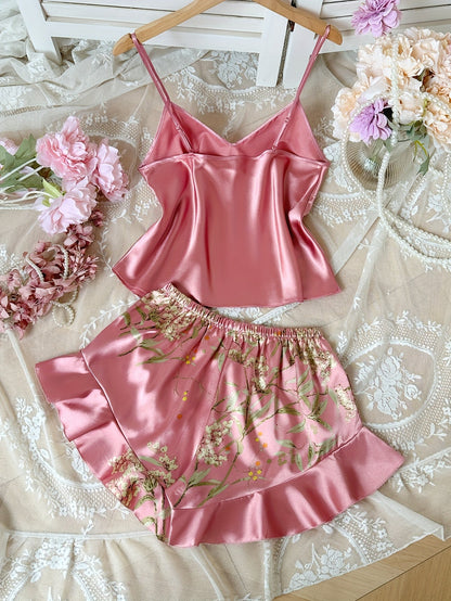 Damen Satin Pyjama Set mit Blumenmuster – Elegantes Schlafanzug-Set für Sommer & Alltag