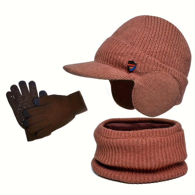 Unisex Winter Set Strickmütze mit Visier und Ohrenklappen, Rundschal und Handschuhe