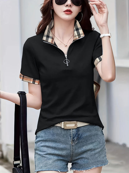Damen Casual Poloshirt mit Reißverschlusskragen und Karodetails – Modisches Freizeitshirt für Alltag und Ausgehen
