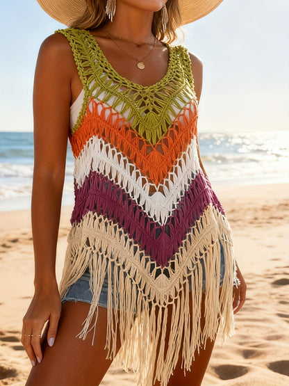 Damen Boho Häkel Strandponcho mit Fransen – Leichtes Überwurf Top für Urlaub und Strand