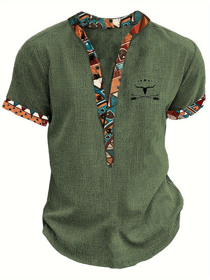 Herren Ethno Freizeitshirt mit Musterdetails und V-Ausschnitt – Modernes Kurzarmhemd für Alltag und Urlaub