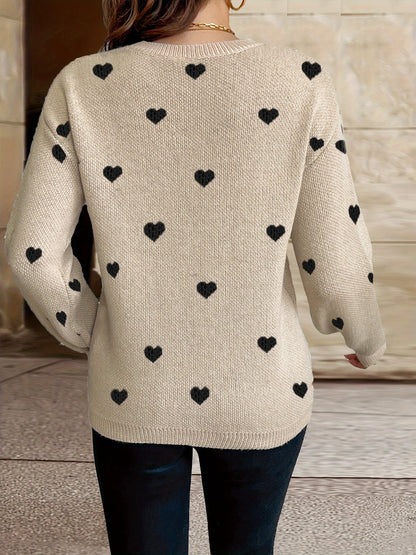 Damen Pullover Beige mit schwarzen Herz-Applikationen