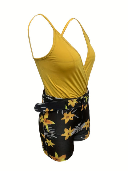 Damen Sommer-Set – Eleganter Jumpsuit mit Blumenmuster und Taillengürtel, Ideal für Freizeit und Urlaub