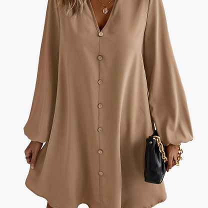 Damen Elegantes Freizeitkleid mit Knopfleiste und V-Ausschnitt – Lässig Modern für Alltag & Büro