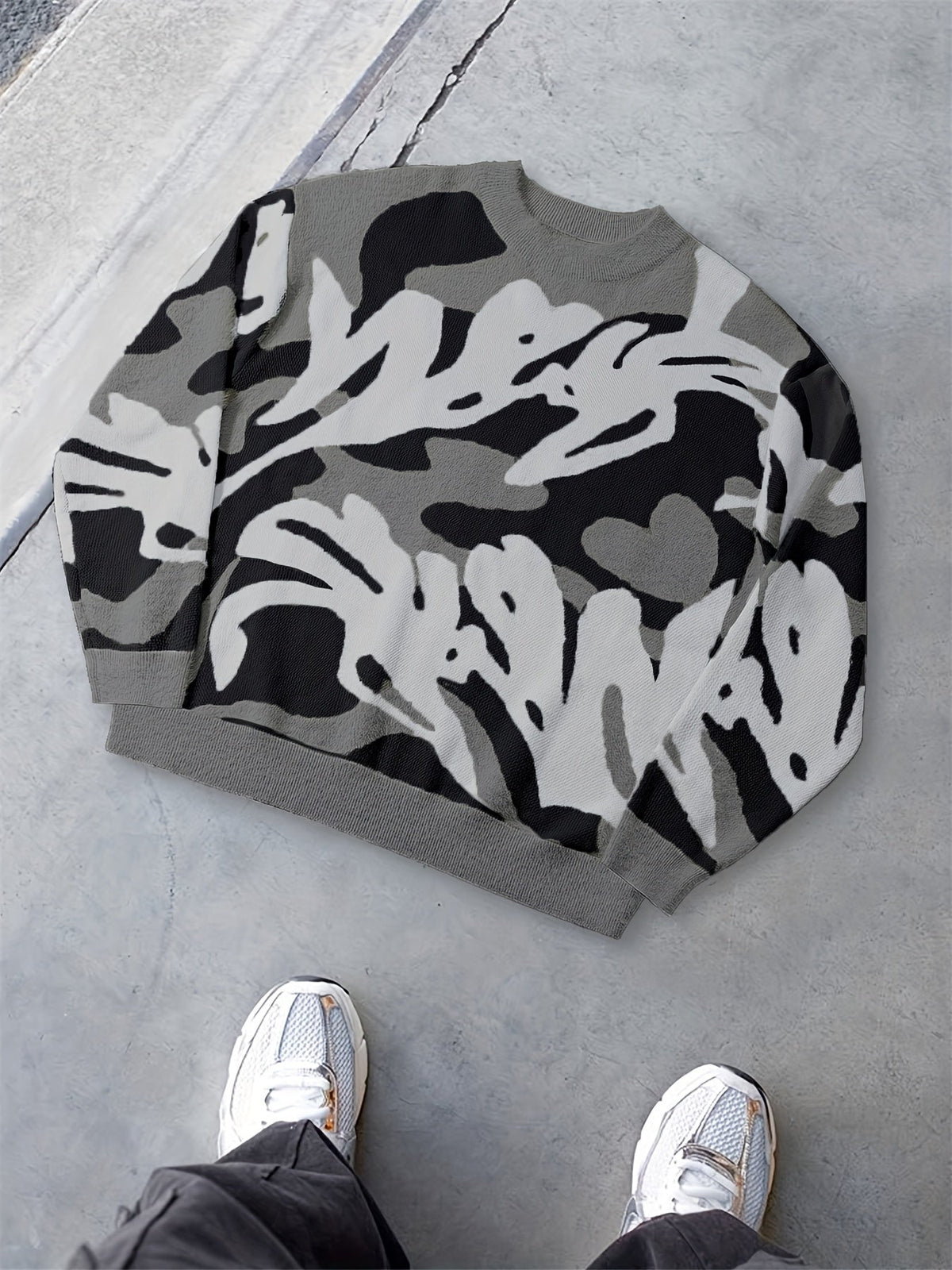 Unisex Strickpullover mit abstraktem Muster, Rundhals und Rippbündchen