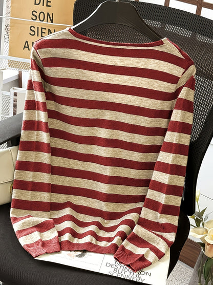 Damen Pullover V-Ausschnitt Gestreift Beige Marineblau Langarm