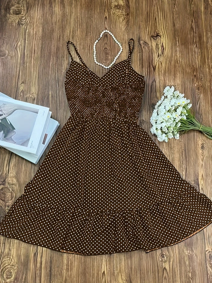 Damen Polka Dot Trägerkleid mit Knopfleiste und Rüschen – Vintage Style Freizeitkleid