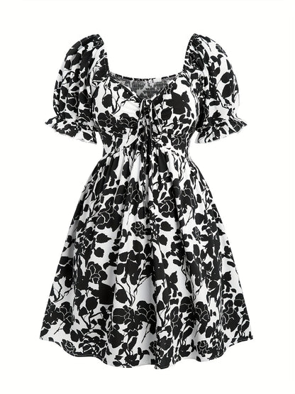 Damen Sommerkleid Elegant Fit & Flare mit Blumenmuster und Puffärmeln – Perfekt für Urlaub und Freizeit