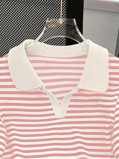 Damen Polo Shirt mit Streifenmuster und V-Ausschnitt – Eleganter Freizeit-Look