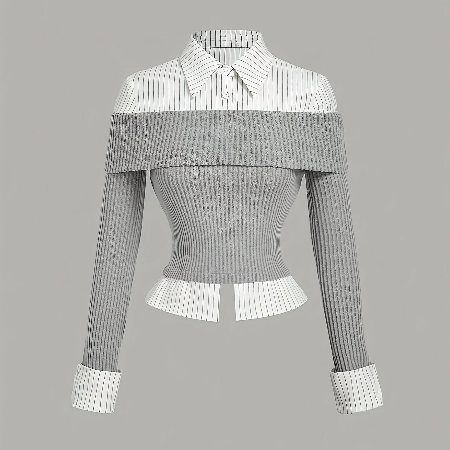 Damen Layering-Oberteil Off-Shoulder Rippstrick Grau Weiß Gestreift