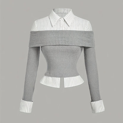 Damen Layering-Oberteil Off-Shoulder Rippstrick Grau Weiß Gestreift