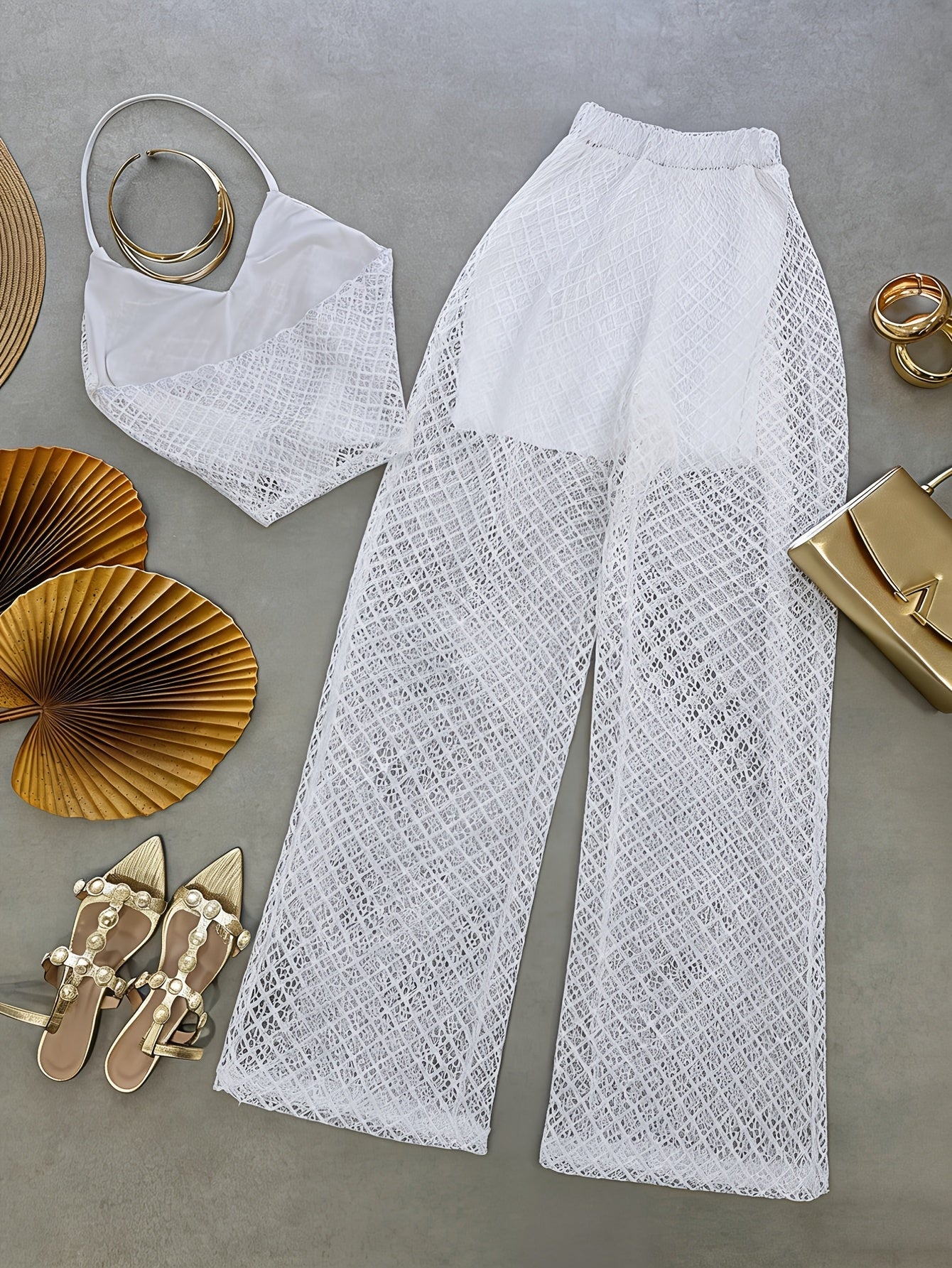 Damen Set Elegantes Häkel-Outfit mit Top und weiter Hose – Stilvolles Strand- & Urlaubsensemble
