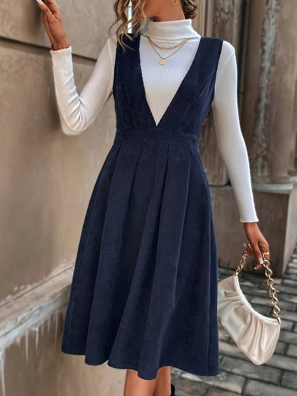 Damen Cord Latzkleid mit V-Ausschnitt – Navyblau