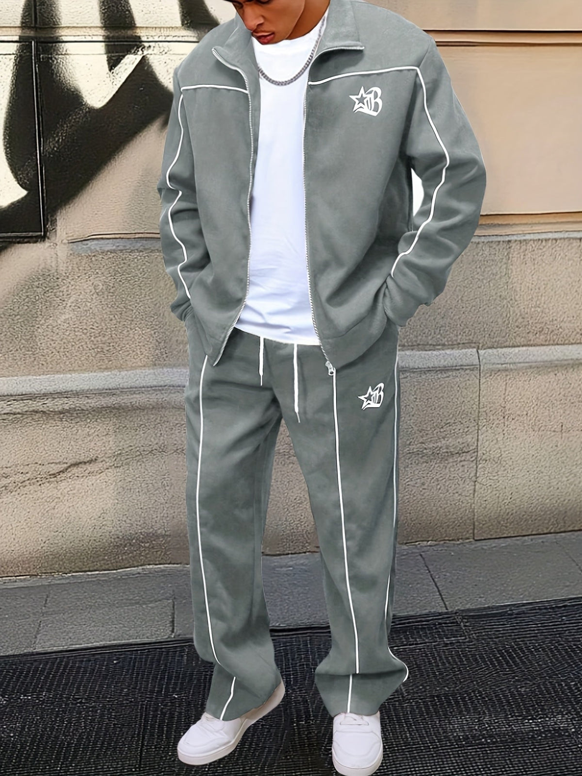 Unisex Trainingsanzug mit Reißverschluss Jacke und Hose, Kontraststreifen