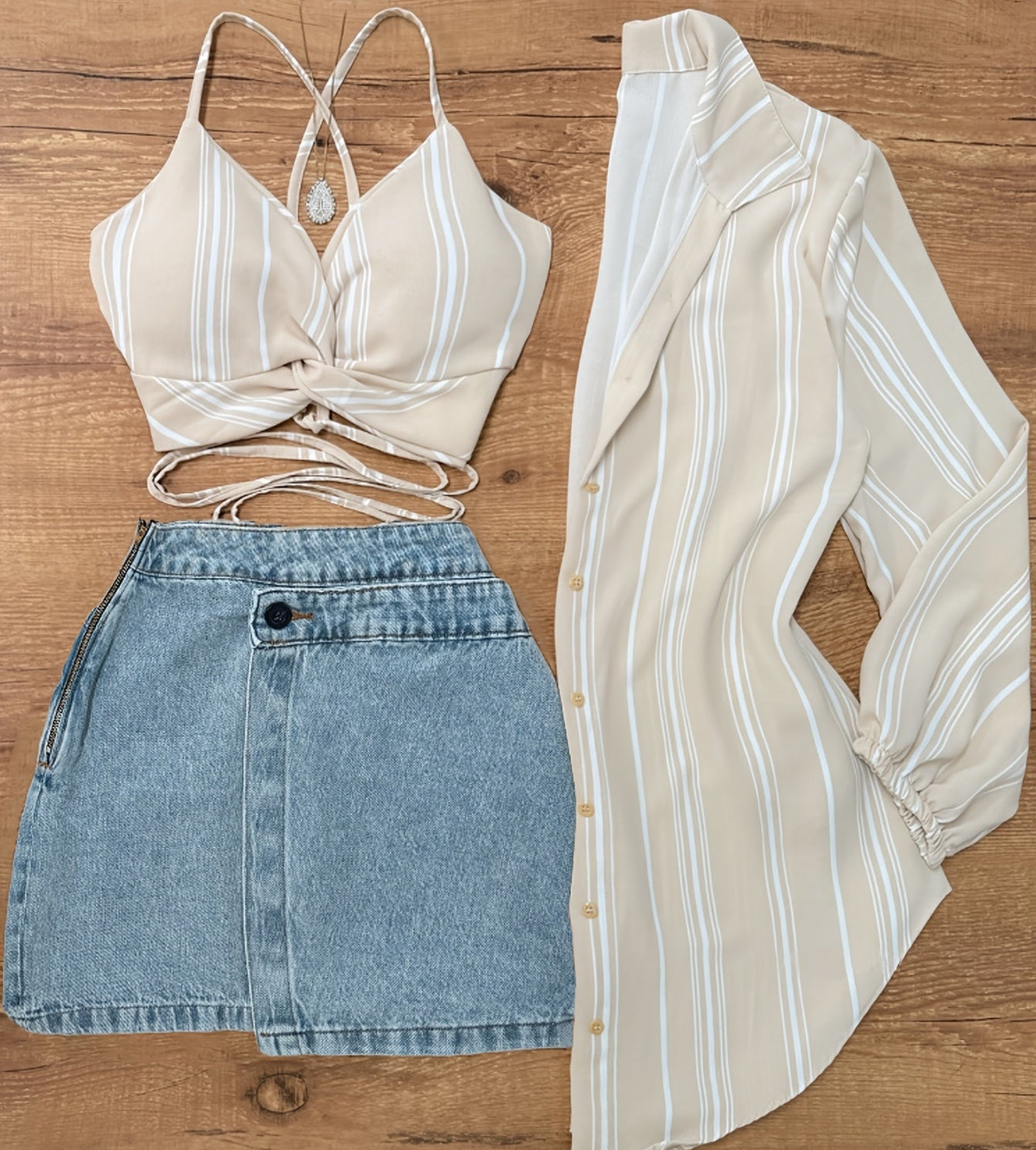 Damen Set aus Crop Top, Hemd und Jeansrock – Modisches Outfit für Urlaub und Freizeit