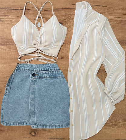 Damen Set aus Crop Top, Hemd und Jeansrock – Modisches Outfit für Urlaub und Freizeit