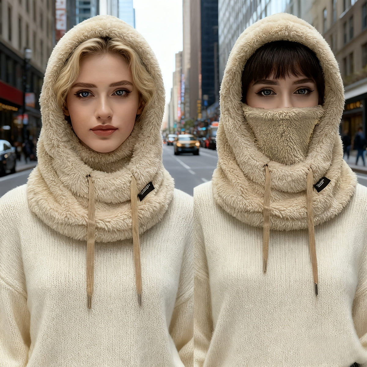 Fleece Kapuzen-Halstuch mit Gesichtsbedeckung und Kordelzug, Winter Schal Mütze Halswärmer Set