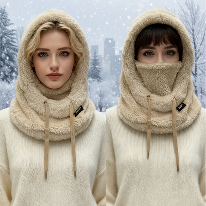 Fleece Kapuzen-Halstuch mit Gesichtsbedeckung und Kordelzug, Winter Schal Mütze Halswärmer Set