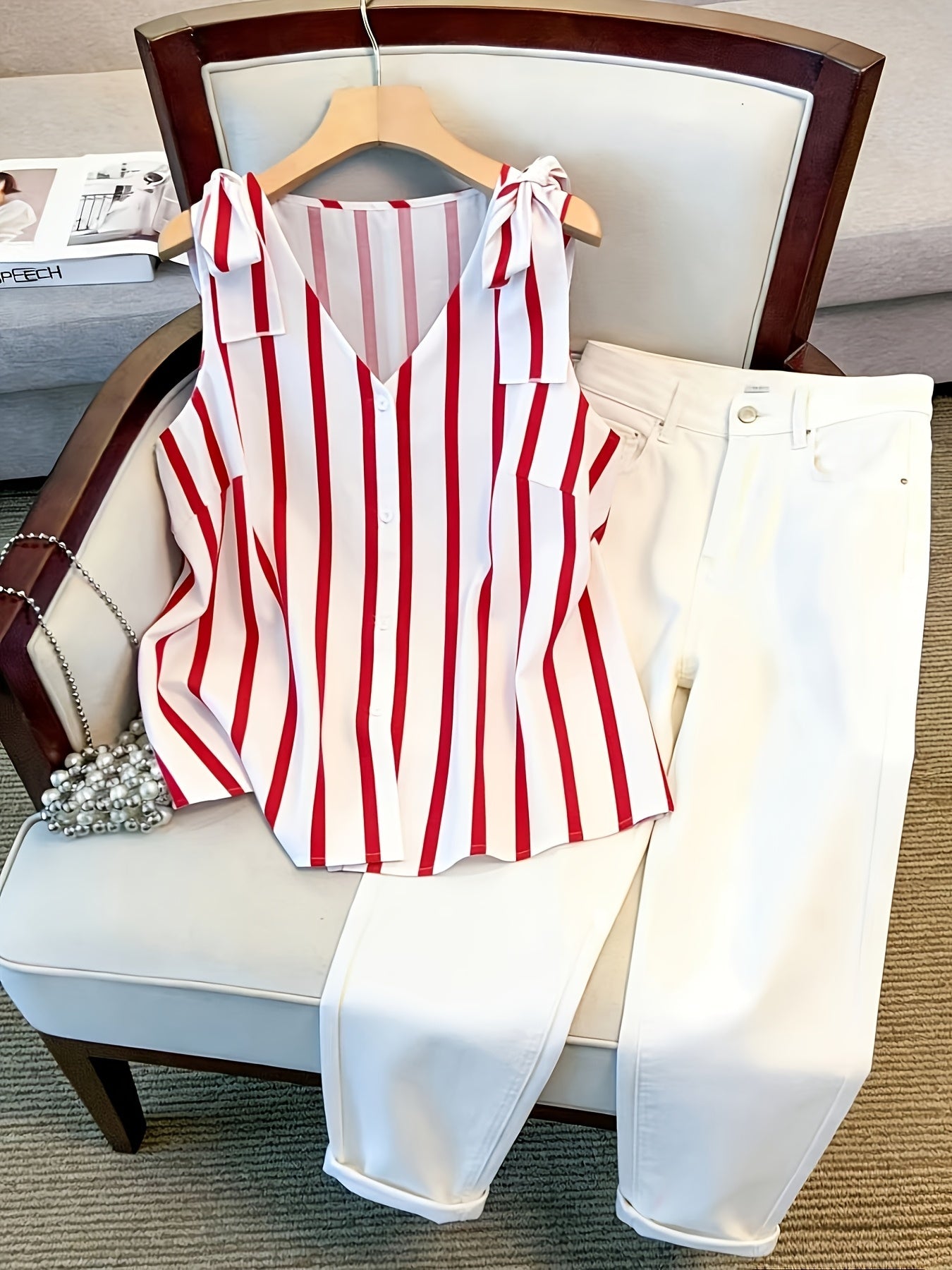 Damen Blusentop mit Streifen und Knopfleiste – Eleganter Sommer-Style für Büro & Freizeit