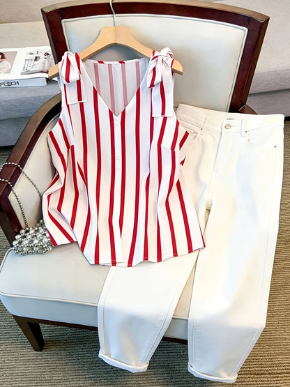 Damen Blusentop mit Streifen und Knopfleiste – Eleganter Sommer-Style für Büro & Freizeit