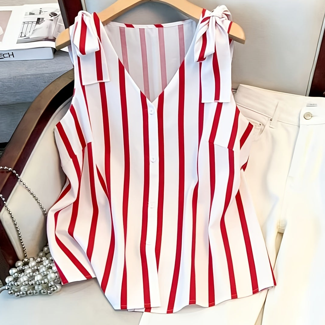 Damen Blusentop mit Streifen und Knopfleiste – Eleganter Sommer-Style für Büro & Freizeit