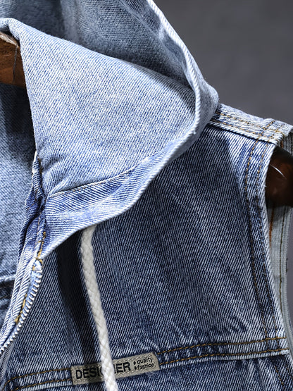 Jeansweste mit Kapuze Grau Unisex ärmellos Reißverschluss
