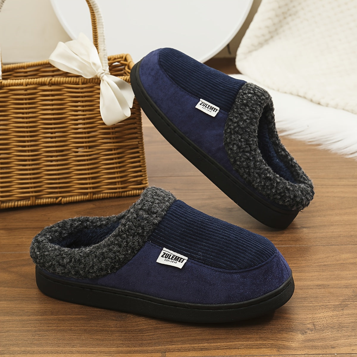 Unisex Winterhausschuhe gerippt mit weichem Futter Grau