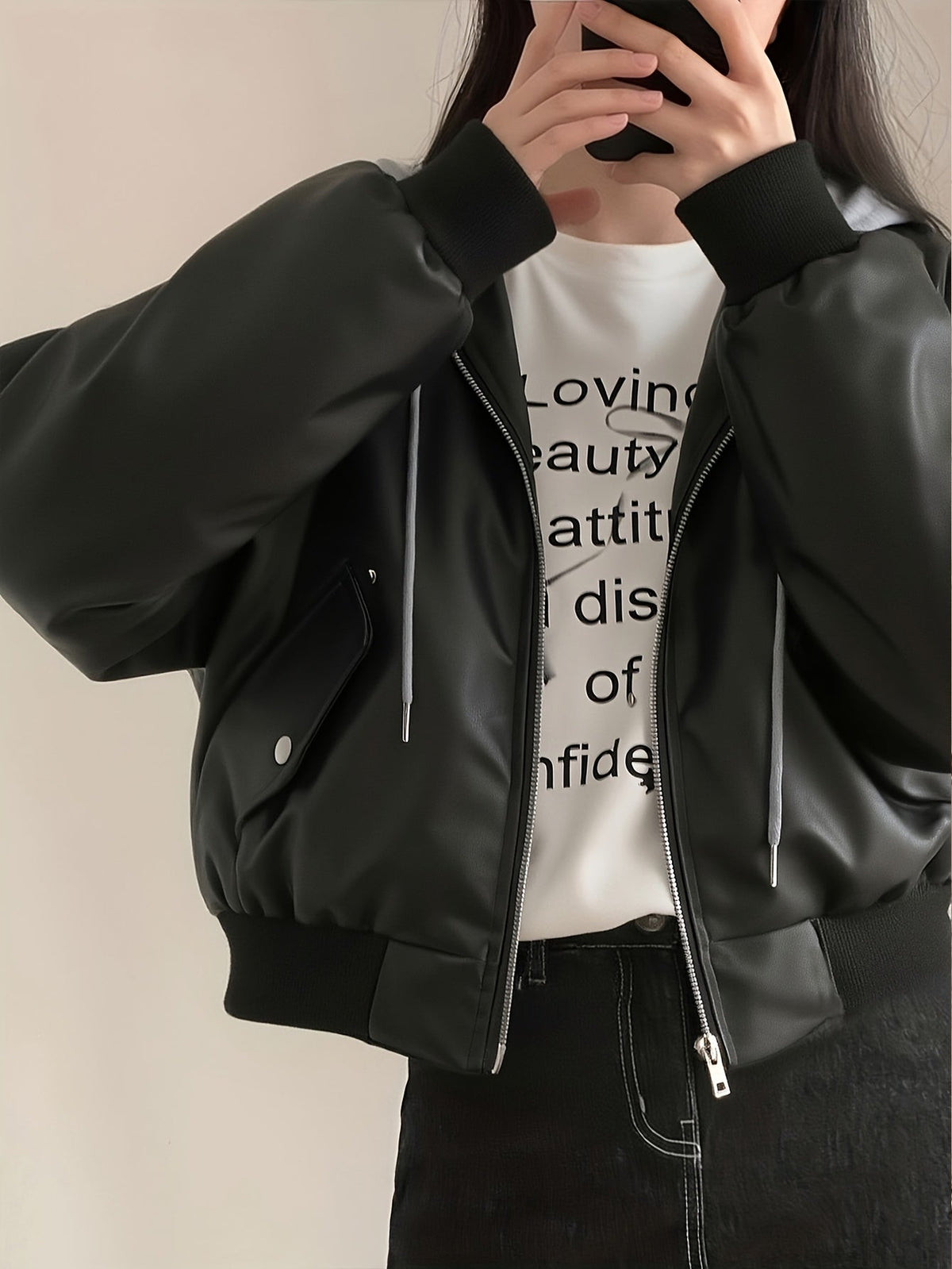 Damen Bomberjacke Schwarz mit Kapuze Kunstleder Optik Reißverschluss