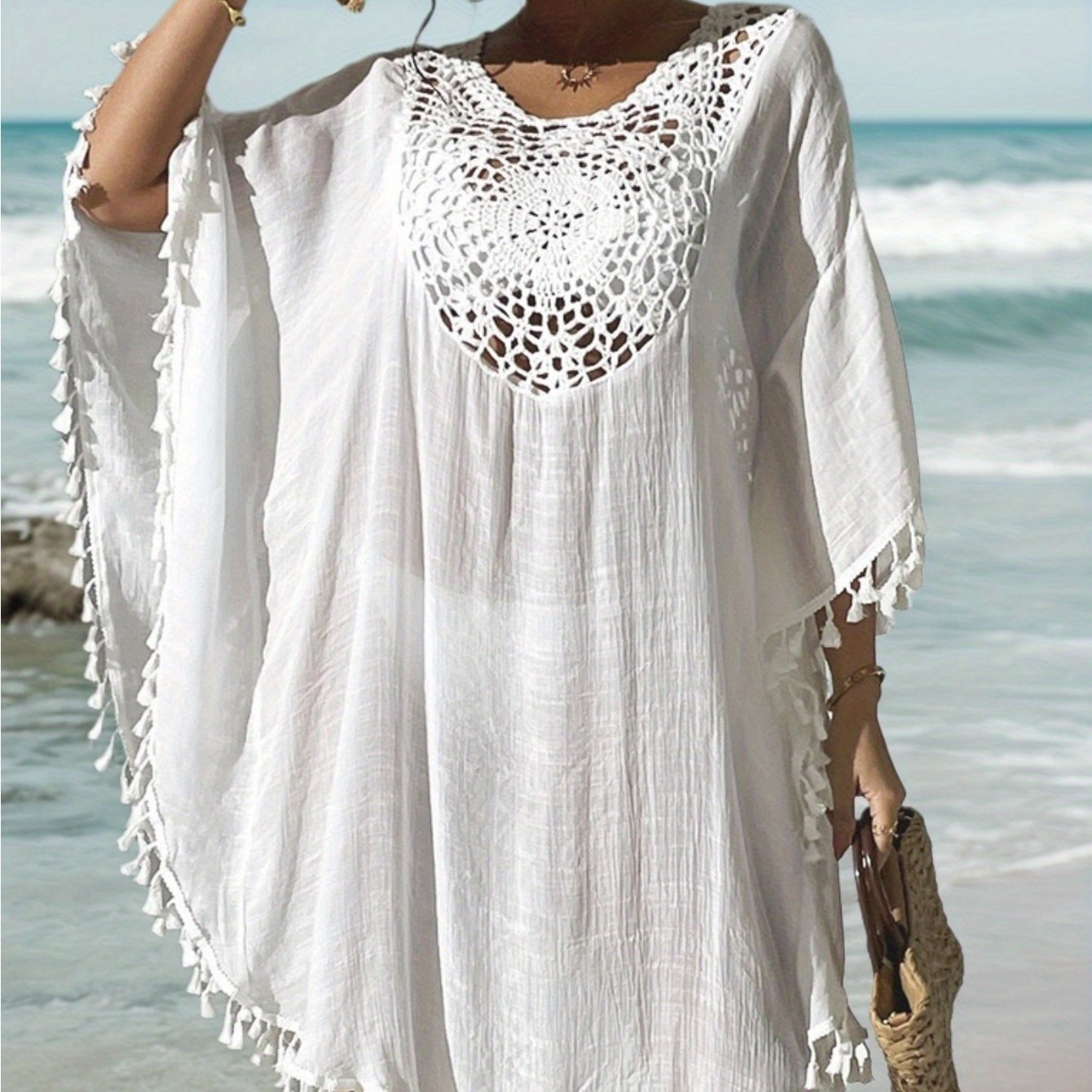 Damen Strand Kaftan Poncho mit Häkel-Details und Fransen – Eleganter Badeüberwurf
