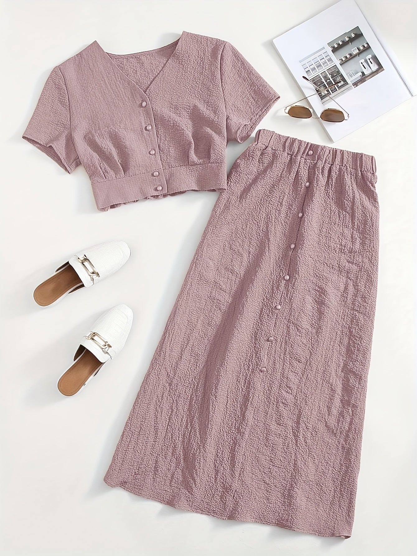 Damen Zweiteiliges Set mit Kurzarm Crop Top und Knopfleiste, Eleganter A-Linien Midi Rock, Modischer Freizeit-Look