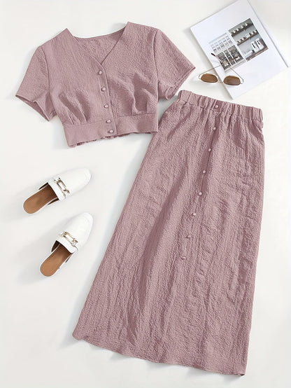 Damen Zweiteiliges Set mit Kurzarm Crop Top und Knopfleiste, Eleganter A-Linien Midi Rock, Modischer Freizeit-Look