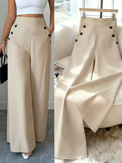 Damen Weitbeinige High-Waist Maritim-Hose mit Streifen und Knopfdetails – Eleganter Büro- und Freizeit-Look