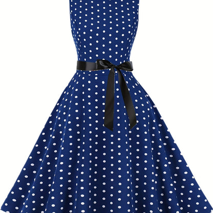 Damen Vintage Polka Dot Rockabilly Kleid mit Gürtel – Elegantes Retro Partykleid