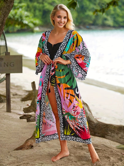 Damen Kimono Strandkleid – Langer, gemusterter Überwurf für Urlaub und Resort