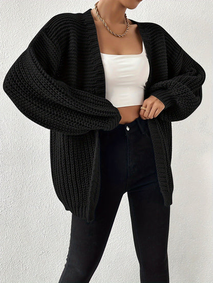 Damen Strickjacke Schwarz Offen Grobstrick Weitärmlig