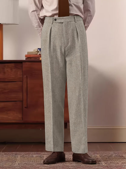 Damen Hose mit Fischgrätmuster Grau Brauner Strickpullover Gürtel Casual Look