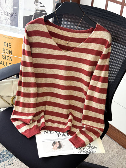 Damen Pullover V-Ausschnitt Gestreift Beige Marineblau Langarm