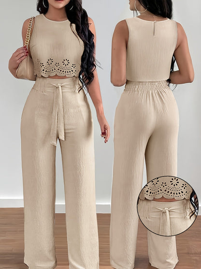 Damen Zweiteiler Set Elegant mit Stickerei und Weitem Bein – Sommer Outfit für Alltag und Freizeit
