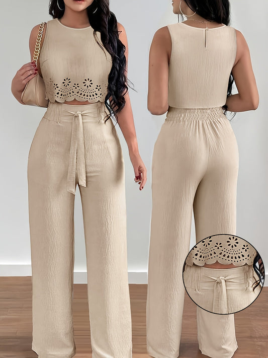 Damen Zweiteiler Set Elegant mit Stickerei und Weitem Bein – Sommer Outfit für Alltag und Freizeit
