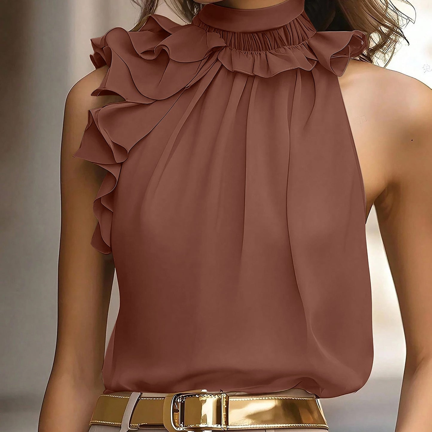 Damen Elegante Rüschenbluse mit Stehkragen – Ärmellos, Stilvoll, Für Büro und besondere Anlässe