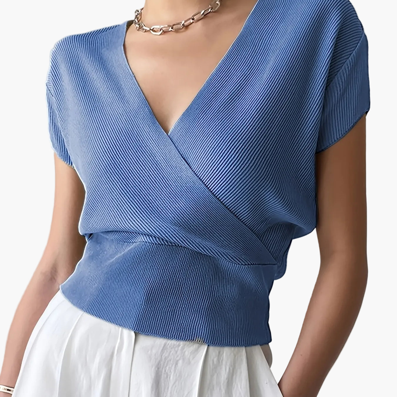 Damen Wickelshirt mit V-Ausschnitt – Eleganter Sommer Pullover Kurzarm für Freizeit & Büro